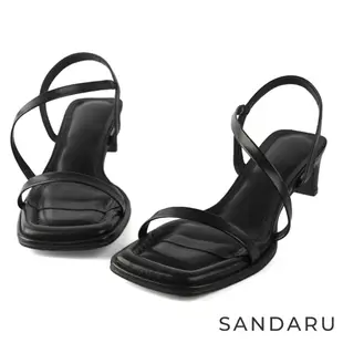 山打努SANDARU-涼鞋 一字斜繞帶方頭扁跟涼鞋-黑