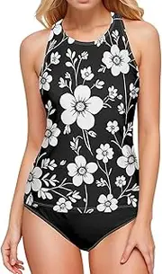 [Joisal] Swimsuit Tankini Tops, Swim Top with Built in Bra, Elegant Floral Black Swimsuit Tops for Women Large Bust, Small