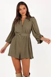 [PUP50] Louise Belted Romper - Khaki 6 Green