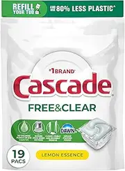 Cascade Free & Clear Dishwasher Pods, Dishwasher Detergent, Dish Detergent Soap, Lemon Essence, 19 Count