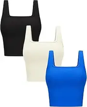 [OLCHEE] Womens 3 Pack Crop Tank Tops Basic Seamless Ribbed Sleeveless Square Neck Workout Top Summer Exercise Yoga Gym Shirts
