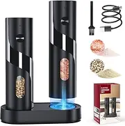 Electric Salt and Pepper Grinder Set, [Rechargeable Base] [110ml Capacity][Adjustable Coarseness] Homtronics Electric Grinder with LED Light, Salt Spice Grinder for Cooking Kitchen BBQ