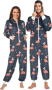 [ZZXXB] Flamingo with Xmas Hat Onesie Pajamas for Adult Women Men Long Sleeves One Piece Onesies Hooded Sleepwear S - XL