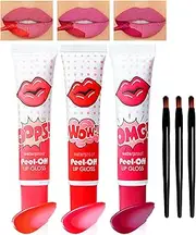 YBUETE 3 Colors Peel Off Lip Stain Lip Tint Set, Peel Reveal Lip Stain, Waterproof Tear-off Lip Gloss, Peel Off Tattoo Lipsticks, Nonstick Cup, Matte Nude, Tattoo Magic Color Lip for Women Girl