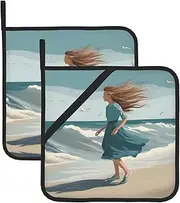 Girl On A Windy Beach Potholders BBQ Pot Holders for Heat Resistant Potholder, Hot Pads,Cooking Baking(2-Pack)