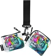 [XYMZR] Mini Zip Around Wristlet keychain Wallet Colorful Big Cat Head for Women Personalized Pattern Detachable Dual Pouch Wristlet Portable Wallet Phone Coin Purse, Multi-colored, One Size