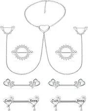 [Cisyozi] 14G Nipple Rings Chain Nipple Piercing Jewelry Stainless Steel Nipple Tongue Ring Barbell Piercing Jewelry for Women 14mm Silver Rose Gold 9Pairs