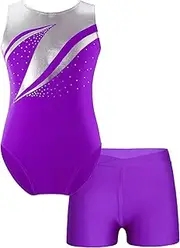 [Aislor] Girls 2 Piece Sparkly Metallic Gymnastics Unitard Biketard Sleeveless Leotard With Shorts Set Swimwear Dancewear
