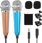 uxcell 2Pcs Mini Microphone, Mic Tiny Microphone with Sponge Cover, Holder and Drawstring Bag Portable for Karaoke Voice Video Recording Singing (Blue/Gold)