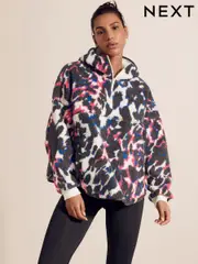 Print Hooded Elbow Patch Borg Fleece Jacket (E83689) | $86