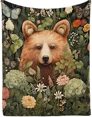 Naniopick Bear Blanket Jungle Animals Blanket Butterfly Forest Plants Throw Blanket Gifts for Kids Baby Cute Bear Soft Fluffy Flannel Blanket for Bedroom Birthday Graduation 50x60in