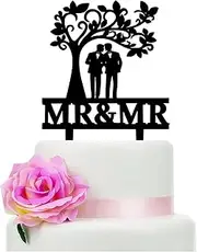 YzYbuaego Mr & Mr Cake Topper, Gay Couple Standing and Kissing Under The Tree, Black Acrylic, Wedding Occasion