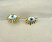 18K Real Yellow Gold Opal Evil Eye Earrings - Opal Stud Earrings