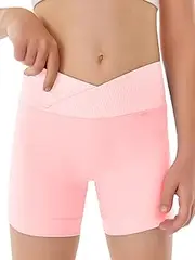 [Haloumoning] Girls Athletic Shorts Slim Tummy Control V Cross Waist Short Leggings Bike Dance Gymnastics Shorts