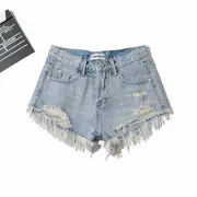 Distressed High Waist Denim Hot Pants Light Blue - XS