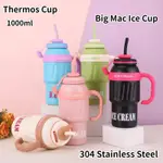 THERMOS CUP BIG MAC ICE CUP 1000ML 不倒翁帶吸管蓋 304 不銹鋼大容量便攜水瓶帶把手