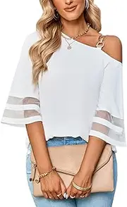 [QANSI] Women's Cold Shoulder Chiffon Blouse 3/4 Bell Sleeve Mesh Panel Tops Casual Loose One Shoulder Strappy Summer Shirts