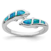 Sterling Silver Rhodium-plated Lab Created Blue Opal Dolphins Ring Size 7