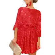 Nevenka Women Long Sleeve Sequins Glitter Dress with Belt Crew Neck Bodycon Dresses-Red