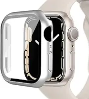 [Miimall] Case Compatible with Apple Watch Series 7 41mm/45mm Tempered Glass Screen Protector, Ultra-Thin Hard PC Shockproof All-Around Bumper Shell Protective Cover for iWatch Series 7-Silver