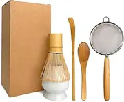 Bamboo Matcha Whisk Set - Matcha Whisk (Chasen), Whisk Holder(White), Sifter, Tea Scoop and Tea Spoon (Bamboo-5 Pcs)