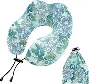 [Caihoyu] Travel Pillow for Airplane Sleeping Soft Memory Foam Neck Head Support Pillow with Storage Bag for Trains Car Home Office Rest Use Asian Blue Flowers Peonies