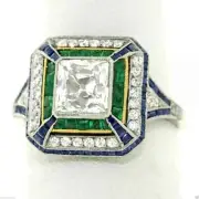 Art Deco Style Lab-Created Diamond & Sapphire Emerald Ring 14K White Gold Finish