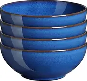 [Denby] Imperial Blue Cereal Bowls Set of 4 - Dishwasher Microwave Safe Crockery 820ml 17cm - Royal Blue Ceramic Stoneware Tableware - Chip & Crack Resistant Coupe Soup Bowls