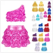 Girl's Latin Jazz Rumba Cotume Dancewear Backless Sequins Tiered Top with Skirts