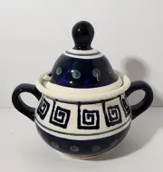 Polish Pottery Sugar/Jam Jar ~ Greek Key Pattern