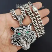 Silver Plated Alloy Cubic Zirconia Large Tiger Pendant & Cuban Chain Necklace