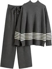 [HEYDHSDC] Women Sweater Tracksuit 2 Piece Set Oversized Ladys Knitwear + Wide Leg Pants Warm Suits
