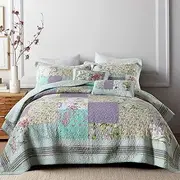 Luxury Quilted 100% Cotton Bedspread Coverlet Set Patchwork Quilt Queen King Size Bed 230x250cm Patchwork Green