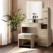 Artiss Dressing Table Mirror and Stool, Wooden Vanity Makeup Table Set with Drawers and Open Shelves
