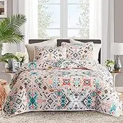 FlySheep 3-Piece Lightweight Bohemian Geometric King Quilt Set, Colorful Aztec Chic Summer Bedspread/Coverlet, Brushed Microfiber for All Season - 104" x 90"