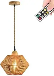 KEFA Battery Operated Pendant Light with Remote,Rattan Hanging Light Woven Chandelier, Natural Hemp Rattan Fixture,Handmade Chandelier Hanging Light for Kitchen Island Dining Room Farm Barn Farmhouse