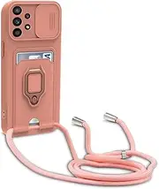 [Dllatui] Mobile Phone Case Compatible with Samsung Galaxy A23 / 5G, Necklace Lanyard, Silicone Case with Camera Protection Slider, Rotating Stand with Card Slot, Necklace Case (Pink)