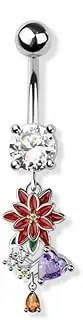 [Pierced Owl] 14GA 316L Stainless Steel CZ Crystal Flower and Heart Dangling Belly Button Ring, Metal, cubic zirconia