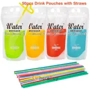 50pcs Juice Coffee Drinks Bag Zipper Seal Clear Pouches+Straw+Funnel Reclosable