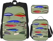KoNsev 3pcs Backpack Sets,Fishing Lure Style Printed Backpacks Set With Lunch Bag Pencil Pouch