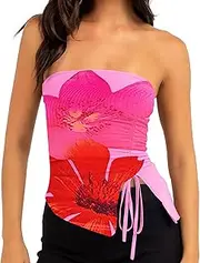 [MISSACTIVER] Women’s Strapless Sleeveless Tube Top Mesh Double Layer Ruched Side Asymmetrical Lace Up Bandeau Cami Tank Tops