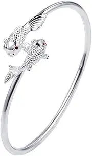 [HEYONA] Women Jewelry 925 Silver Sterling Bracelet Fashion Cuff Bangle Chain Bracelets,Solid Double Fish Carved Round Tube Cuff Bangle Adjustable Open Amulet Bracelet Jewelry Clothing (Color : Silver)