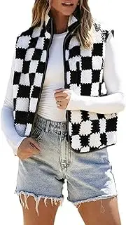 [Generic] Womens Winter Sleeveless Fleece Top Casual Collar Checkered Zip Up Sherpa Collared Vest