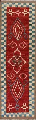 Soft Plush Red Wool Geometric Moroccan Berber Handmade 3'x10' Runner Rug
