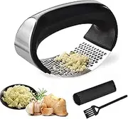 Garlic Press Rocker，Silicone Garlic Peeler，Stainless Steel Garlic Mincer Crusher - with Ergonomic Handle Silicone Tube Peeler and Cleaning Brush Tool