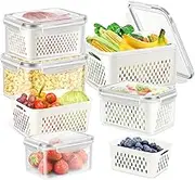5 PCS Fruit Storage Containers for Fridge, Food Container Sets with Removable Colander, Stackable Fresh Produce Saver Keeper for Vegetable Fruit Berry Meat Fish, BPA Free Kitchen Organiser (6.2L-0.8L)