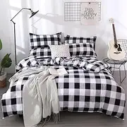 Duvet Cover Set Checkered Buffalo Check Simple Geometric Square Pattern Bedding Set Modern Microfiber Plaid Anti Wrinkle 1 Duvet Cover 2 Pillowshams (King, Grey Black and White)