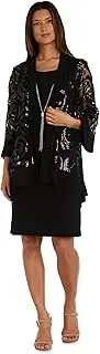 [R&M Richards] Plus Size Sparkling Sequin Two-Piece Jacket Dress & Necklace - Black / 18W