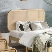 Furb Double Bed Headboard Real Rattan Beds Headboards Bohemian Beds Head Frame Base Bedroom Furniture Freestanding for Home Bedroom