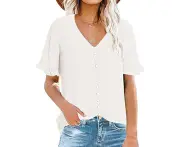 Pure Color Women Ruffled Short Sleeve Shirt Stylish Plain Color Single Breasted V Neck Ruffle Sleeve Blouse White Xl